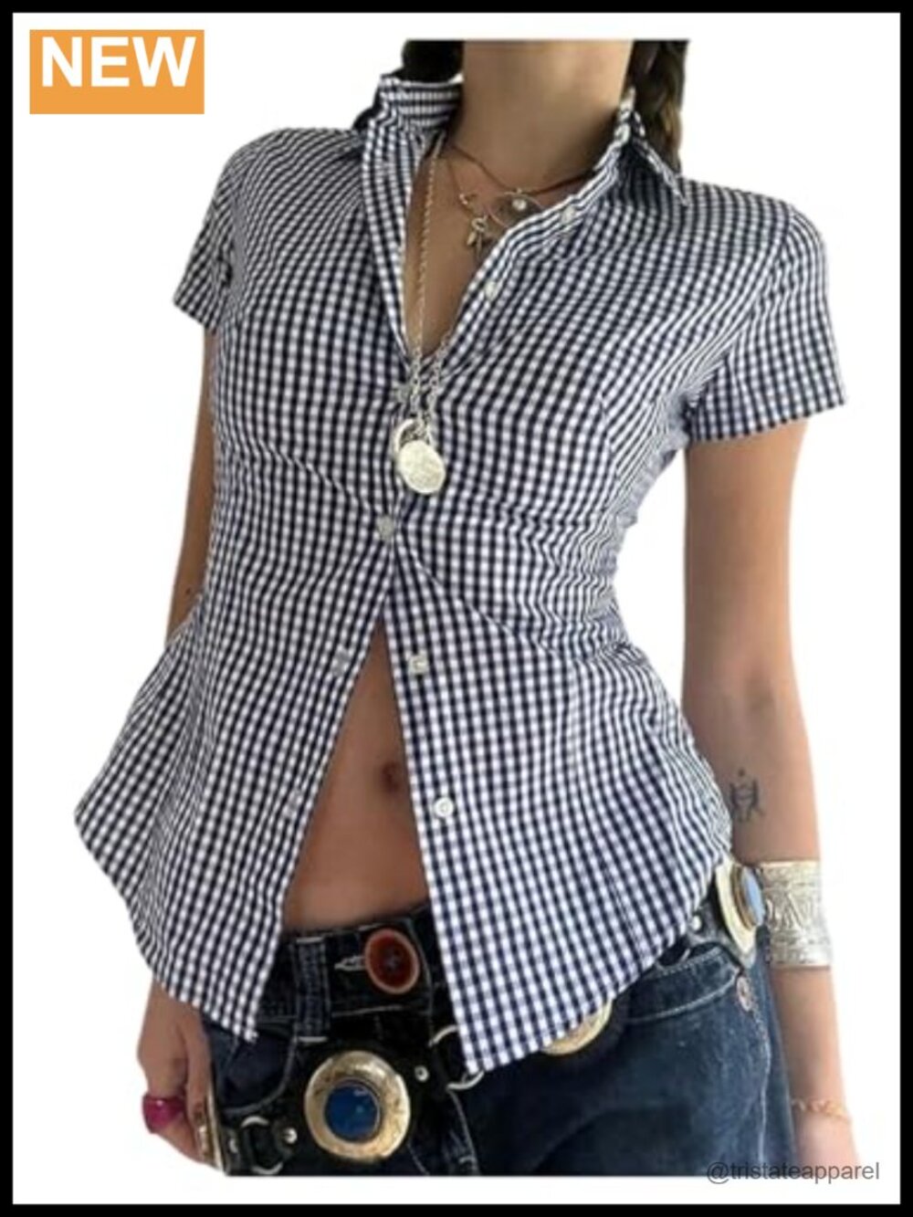 Women's Short Sleeve Plaid Button Down Blouse Collared Y2K Top